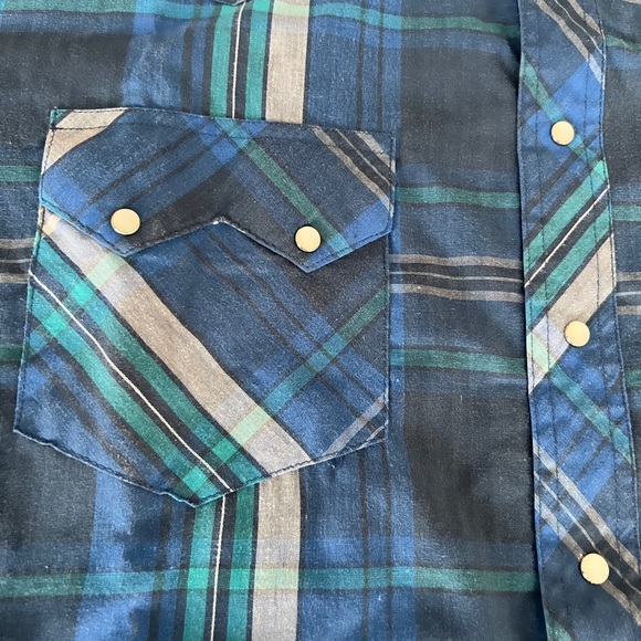 VTG 80s Wrangler Rustler Pearl Snap Plaid Western Cowboy Short Sleeve Shirt - Picture 3 of 4
